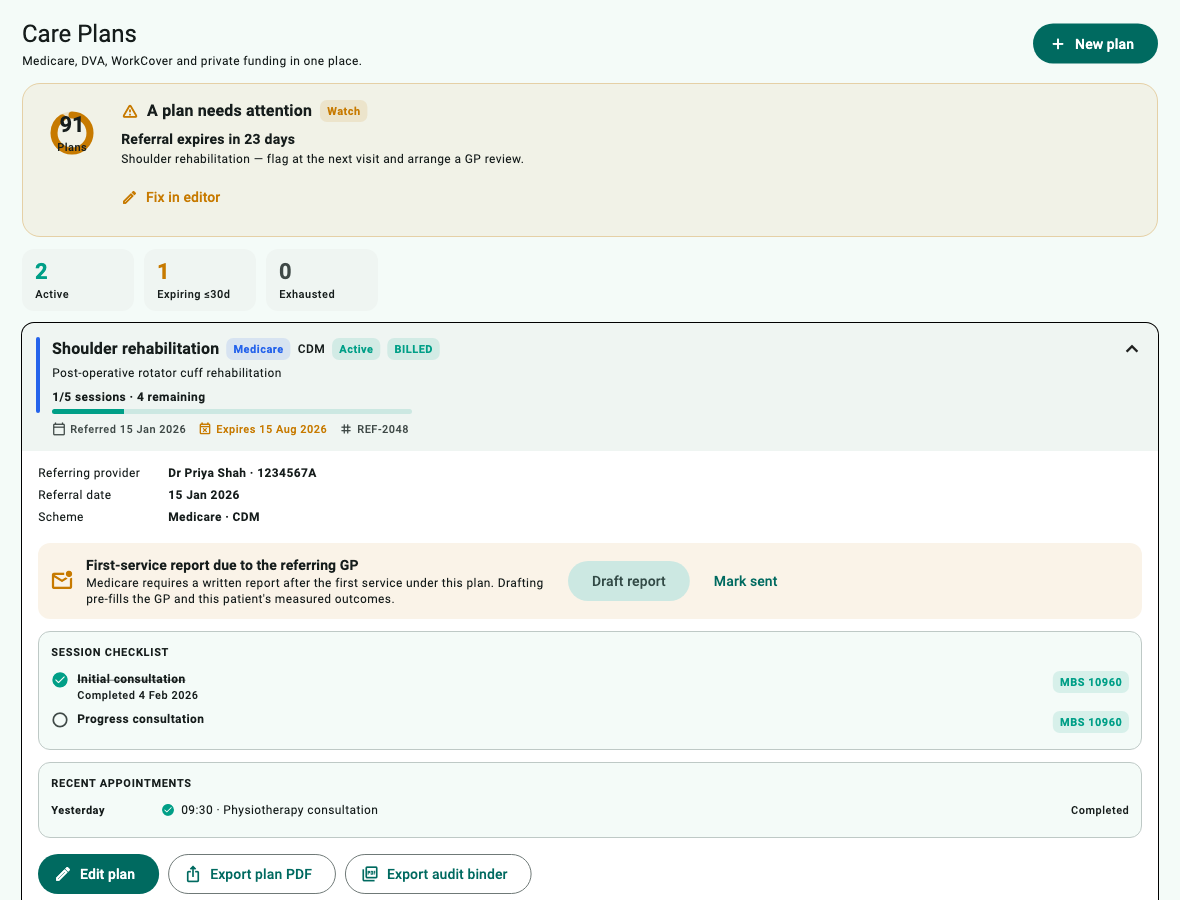 Flutter care-plan panel showing a fictional shoulder rehabilitation plan, sessions and referral