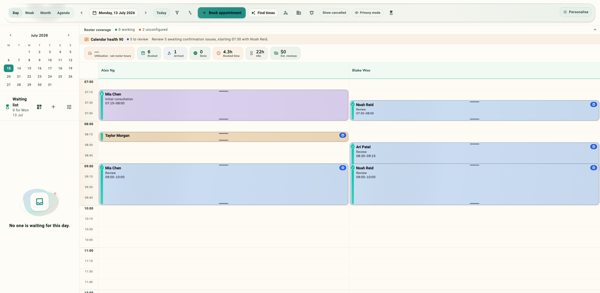 Lumii Flutter appointment book with day and week controls, a calendar and pastel appointments for two practitioners. All details are fictional.