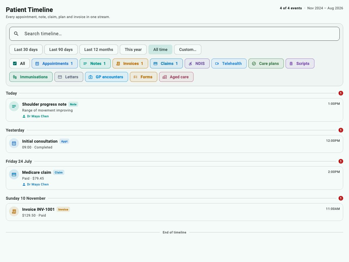 Flutter patient timeline with a fictional shoulder progress note, consultation, paid claim and invoice.